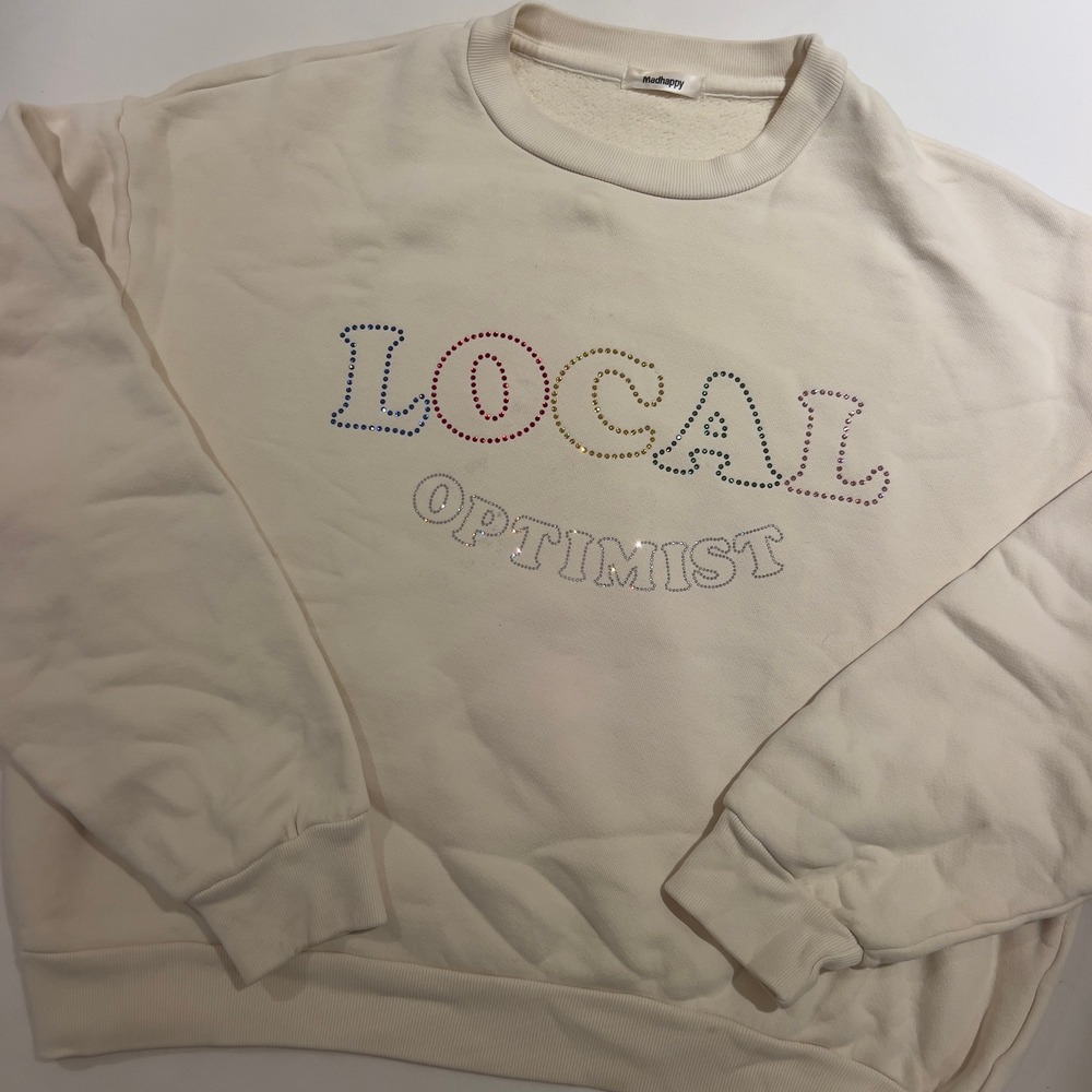 Madhappy Local Optimist Crewneck Sweatshirt‎ Cream Rhinestone Embellished